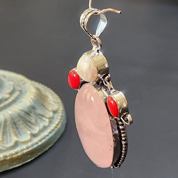Rose Quartz & Pearl Sterling Silver Pendant Necklace with Red Jasper - Picture 10 of 12